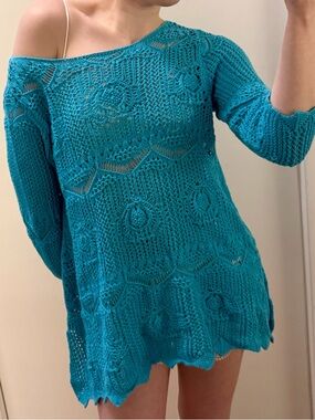 Turquoise Open-Knit Beach Sweater